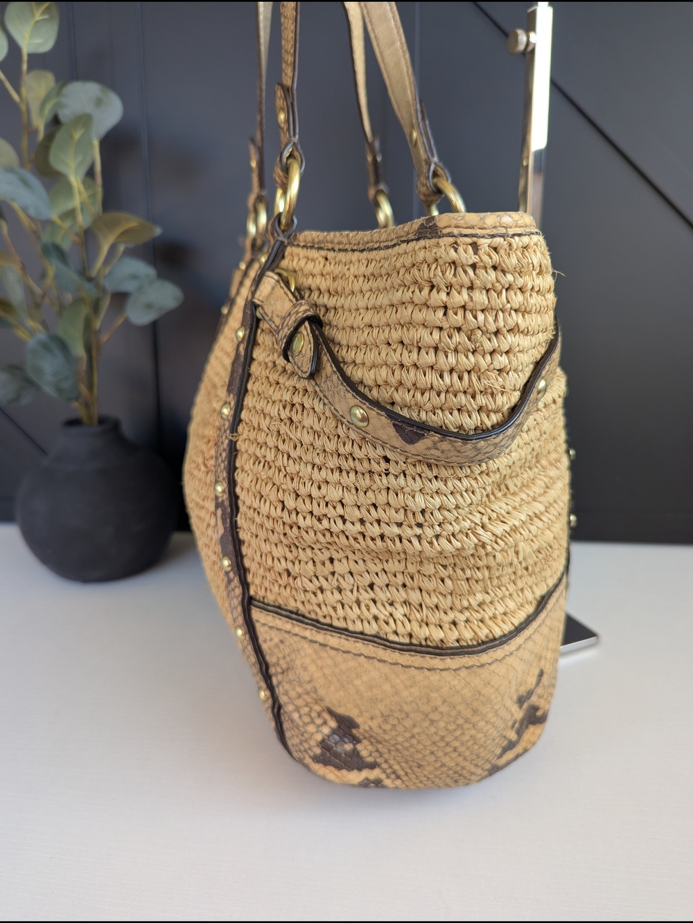 Coach Natural Woven Straw Tote with Snake-Print Trim - Picture 3 of 12